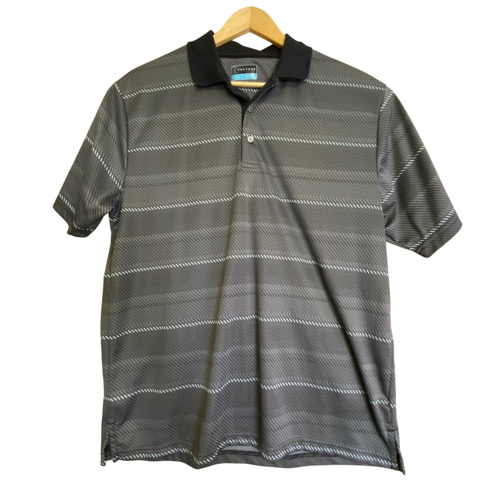 PGA Tour Mens XL Polo Shirt Grey Black Striped Short Sleeve Performance‎ Golf
